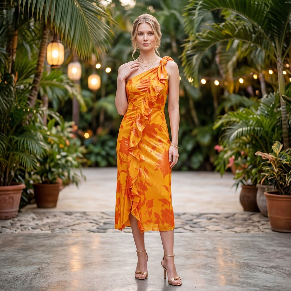 Taylor‎ Womens One Shoulder Ruffle Floral Midi Dress Orange Sz 14 Fairy Tropical